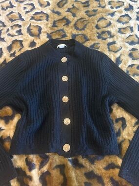 H&M Black Ribbed Cropped Cardigan with Gold Buttons